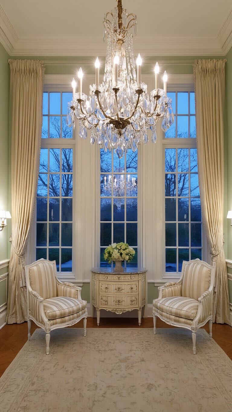Elegant 15x20ft drawing room at twilight with Palladian windows, Louis XVI chairs, marble commode, crystal chandelier, and sage Venetian plaster walls in symmetrical layout.