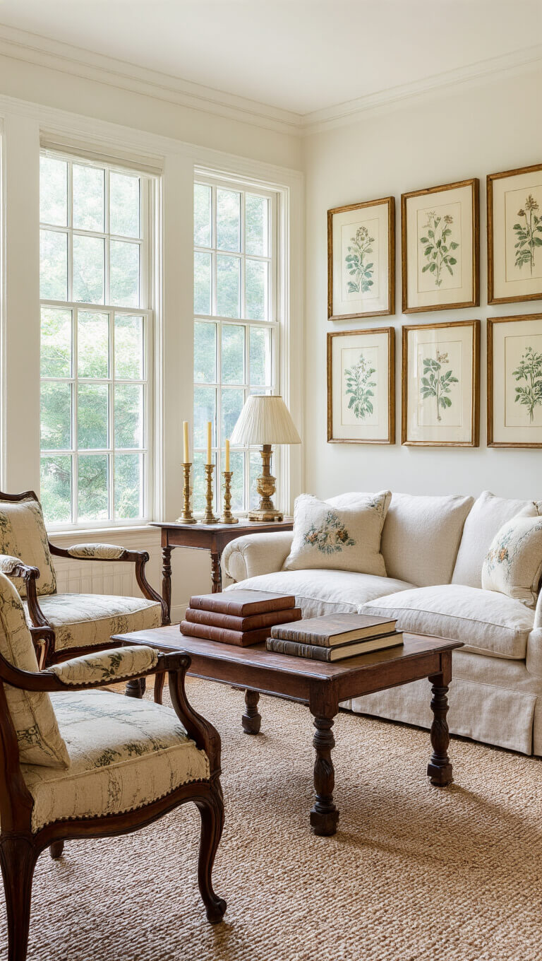 Traditional sitting room with natural linen sofa, mahogany chairs, antique brass accents, and botanical prints on ivory walls, lit by midday sun through divided light windows.