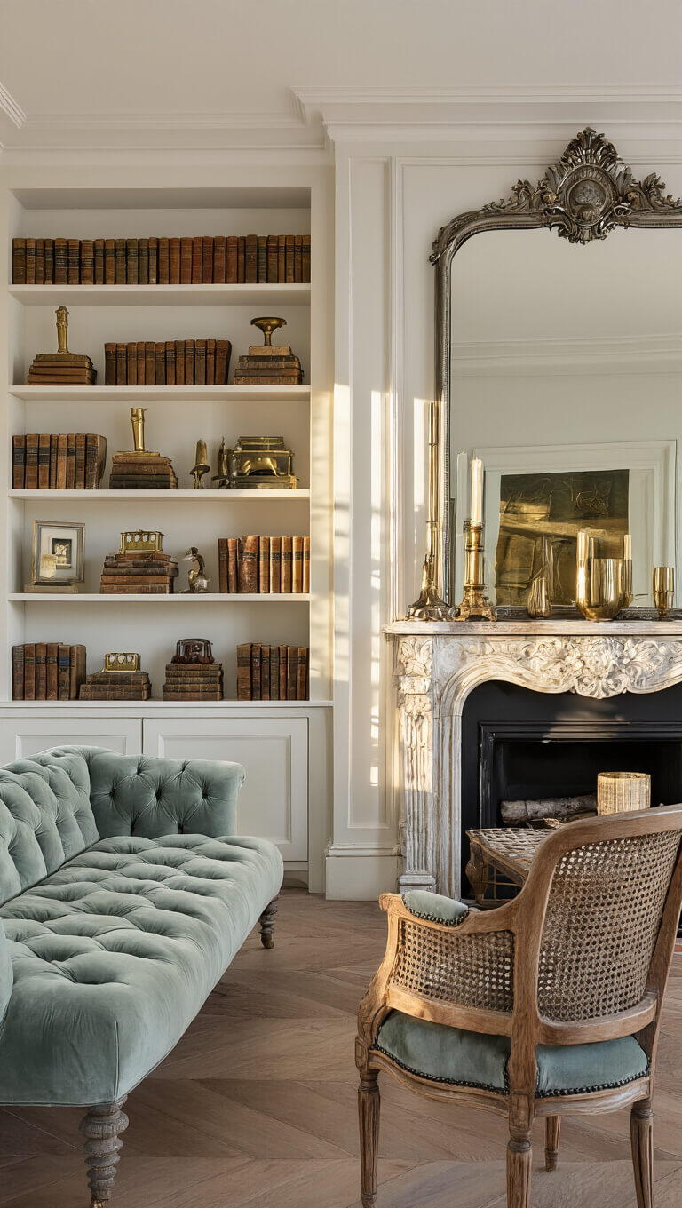 Elegant salon with silver-sage tufted settee, cane-backed chairs, antique mirror over limestone mantel, and styled built-in shelves at golden hour.
