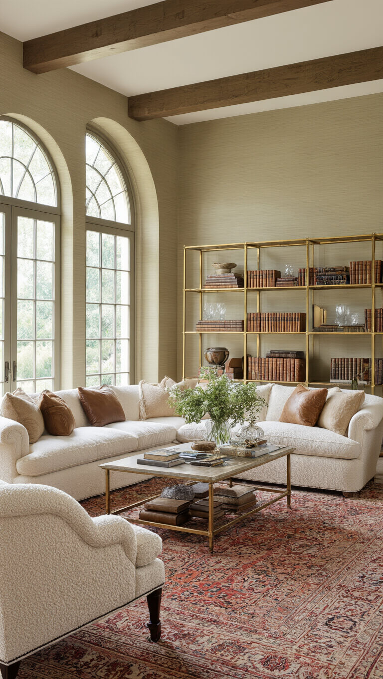Great room with cream bouclé English roll-arm sofa on vintage Persian rug, brass étagères with books and crystal, warm greige grasscloth walls, arched windows, aerial view.