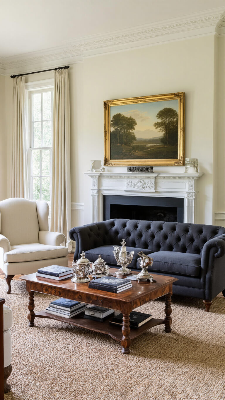 Elegant parlor with charcoal tuxedo sofa, cream wingback chairs, burled wood coffee table, and oil landscape above carved mantel in diffused afternoon light.