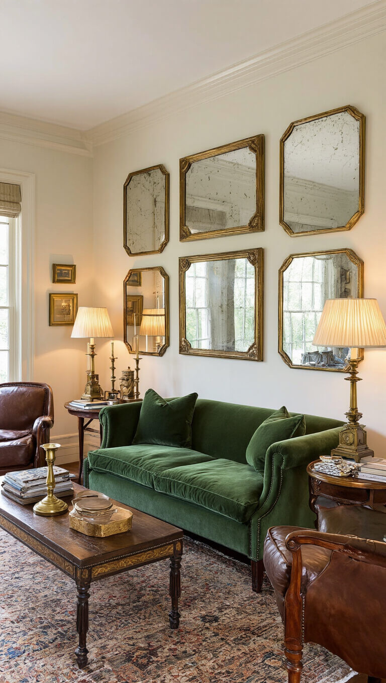 Elegant sitting room with forest green loveseat, vintage leather chairs, mirrored gallery wall, and warm evening lighting.