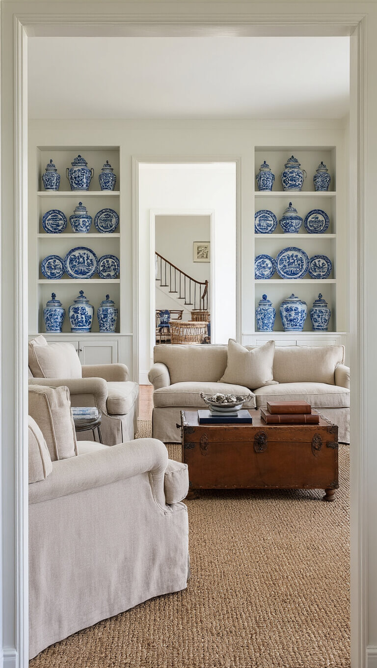 Bright morning light fills a 13x18ft living space with a natural linen camelback sofa facing matching armchairs, antique chest coffee table styled with leather books and silver decor, and blue and white porcelain collection in built-ins.