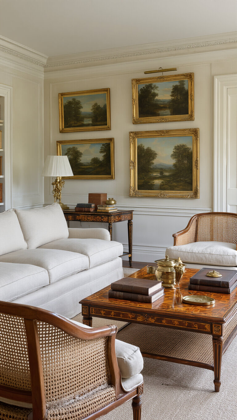Cozy 16x16ft living room with English-arm sofa, cane-backed bergeres, marquetry table, and gilt-framed landscape paintings in soft evening light.