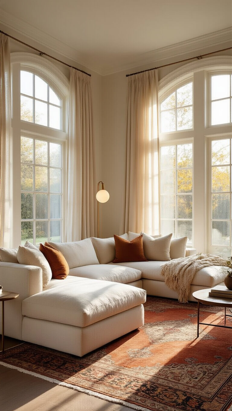 Sunlit living room with cream sectional, textured pillows, Persian rug, and bay windows with sheer curtains in soft golden light.
