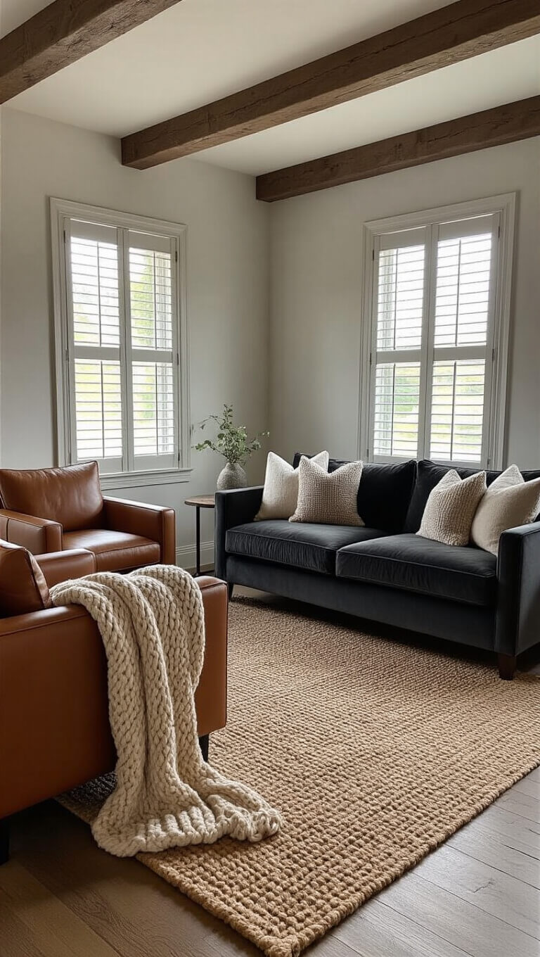 Cozy 12x14ft living room with exposed wooden beams, morning light through shutters, modern charcoal sofa, cognac leather armchair, knit throws, jute rug on hardwood floors, photographed at an angle highlighting textures.