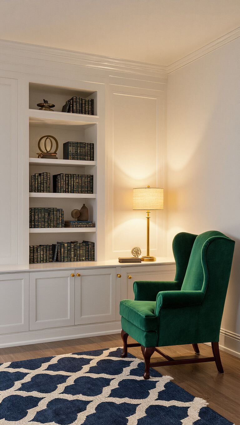 Cozy 14x16ft reading nook with emerald green wingback chair, warm table lamp lighting, built-in bookshelf with brass accents, and navy and cream geometric rug in low-light ambiance.