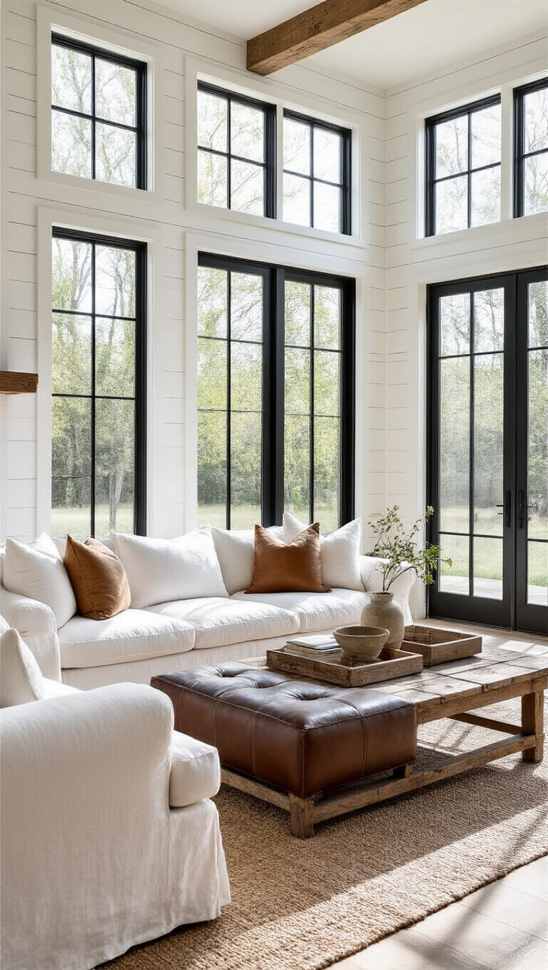 Modern farmhouse great room with white slipcovered sofas, distressed leather ottoman, and reclaimed wood coffee table, bathed in morning light through black-framed windows.
