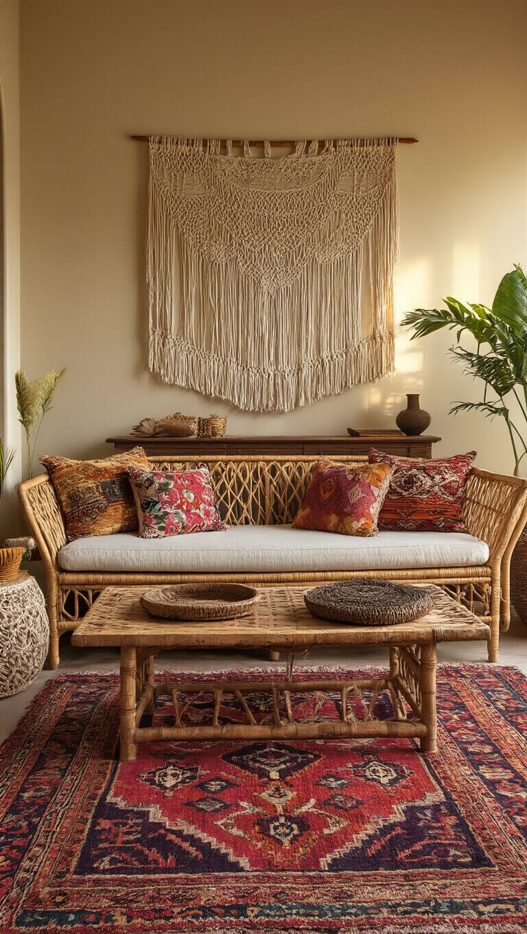 Bohemian-style sitting area with rattan sofa, vintage pillows, layered Moroccan rugs, and macramé wall hanging in warm golden hour light.