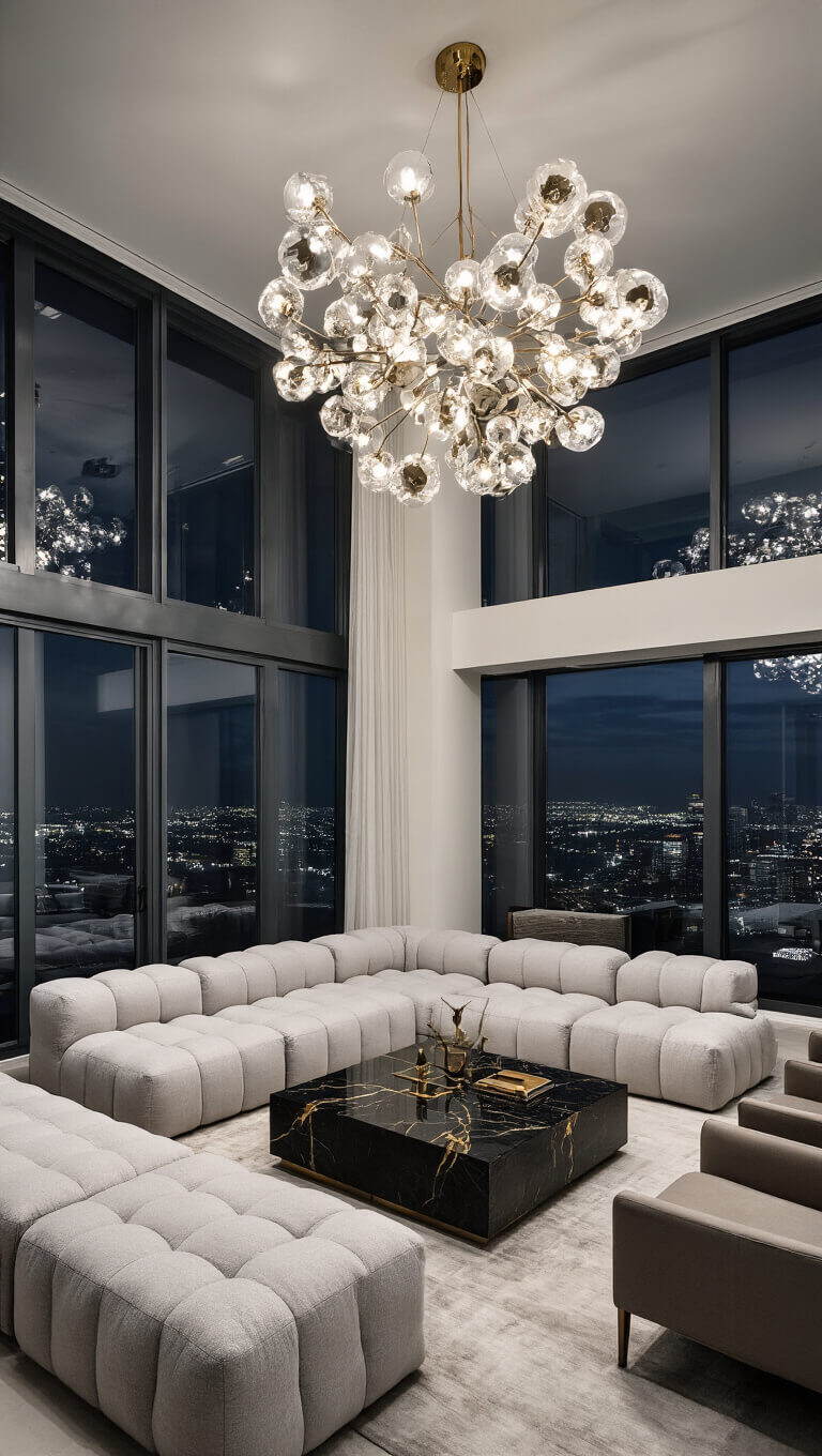 Modern 20x24ft living room with dramatic evening lighting, pearl grey cloud-like sofa, black marble coffee table with brass inlay, and floor-to-ceiling windows showing cityscape.