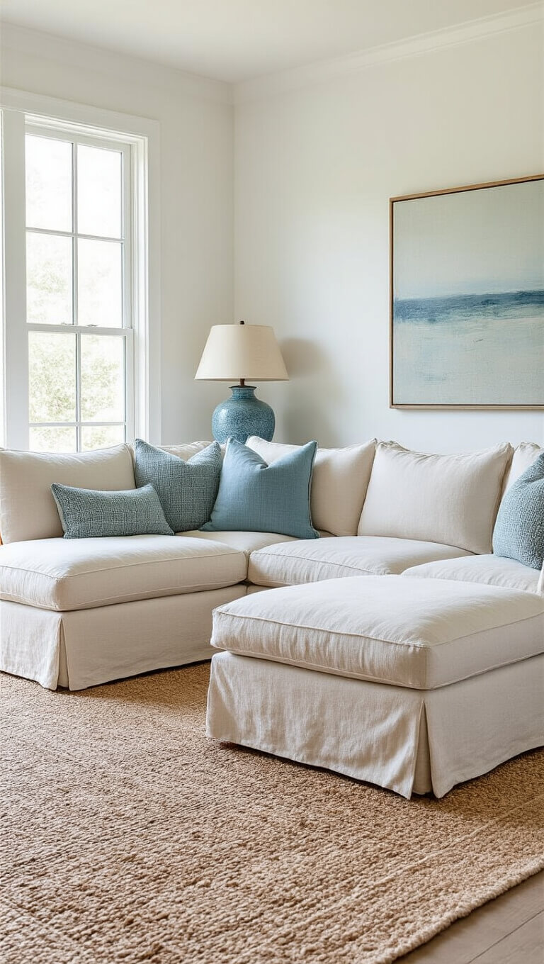 Coastal-themed living room with beige slipcovered sectional, layered rugs, and blue-green accents in bright natural light.