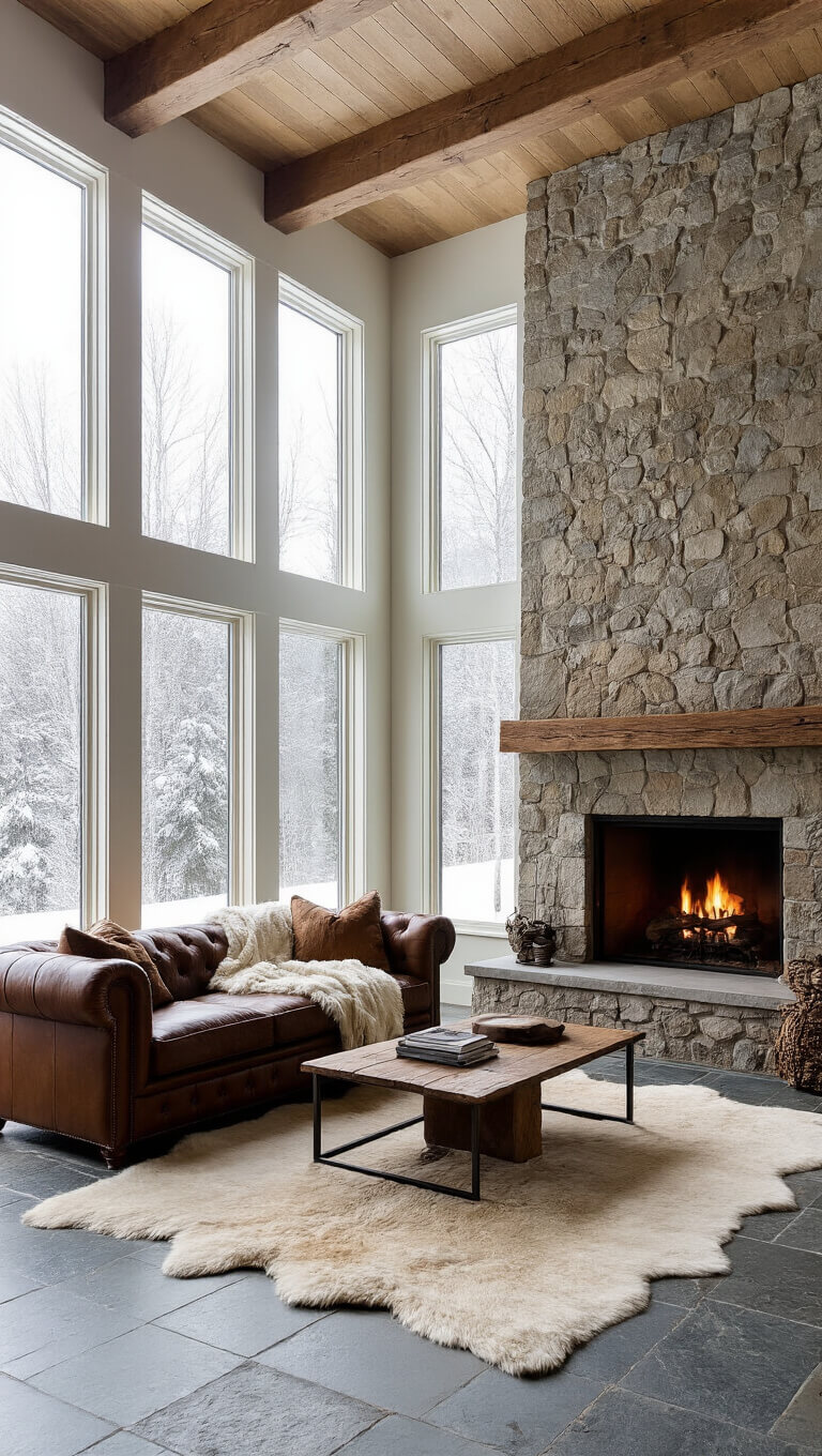 Mountain modern great room with stone fireplace, leather chesterfield sofa, hide rug on slate floor, clerestory windows, and snowy afternoon light highlighting textures.