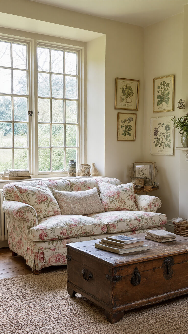 Cozy English cottage sitting room with floral roll-arm sofa, antique chest coffee table, and vintage botanical prints in soft morning light.