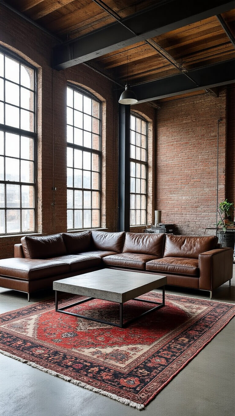 Industrial loft living room with leather sectional, concrete coffee table on Persian rug, exposed brick walls, steel beams, and factory windows lit by late afternoon sun.