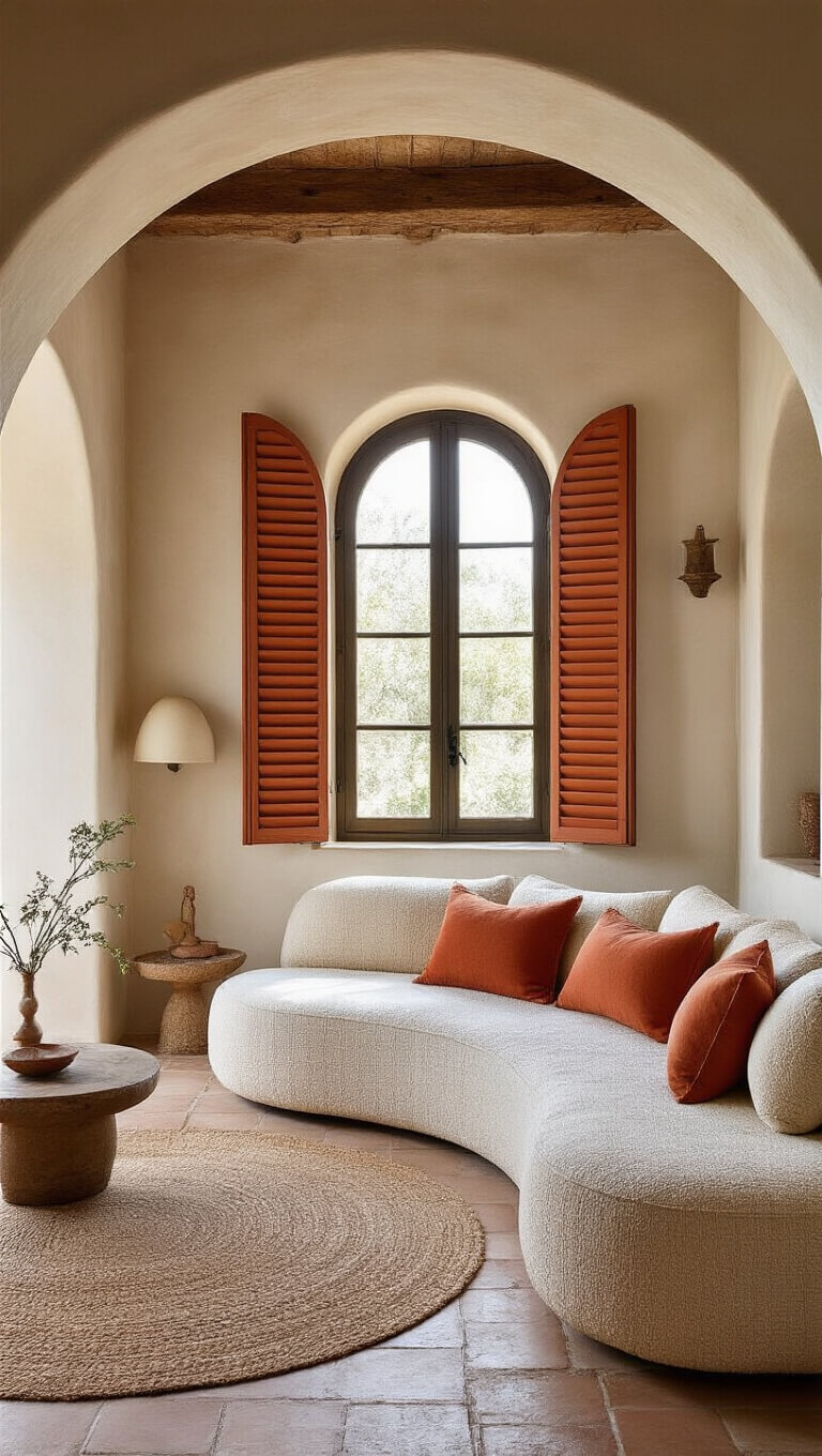 Mediterranean-style lounge with cream bouclé curved sofa, terracotta accents, arched doorways, handmade tiles, and filtered light through terracotta shutters.