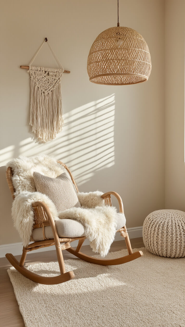 Cozy corner reading nook in neutral nursery with plush rocking chair, rattan pendant light, and soft textures, viewed from a child's perspective.
