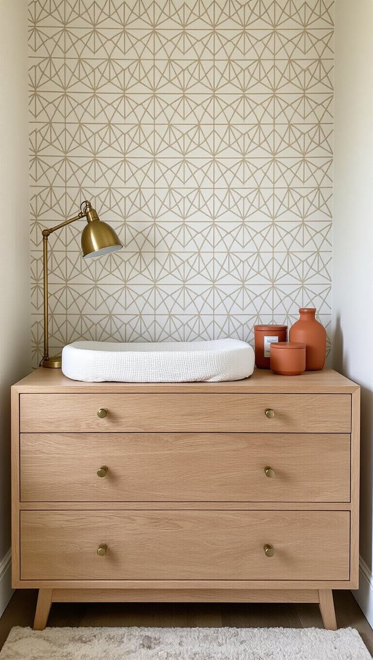 Modern nursery changing station with white oak dresser, curved changing pad, vintage brass lamp, terra cotta organizers, and warm greige geometric wallpaper, lit by dramatic side daylight.
