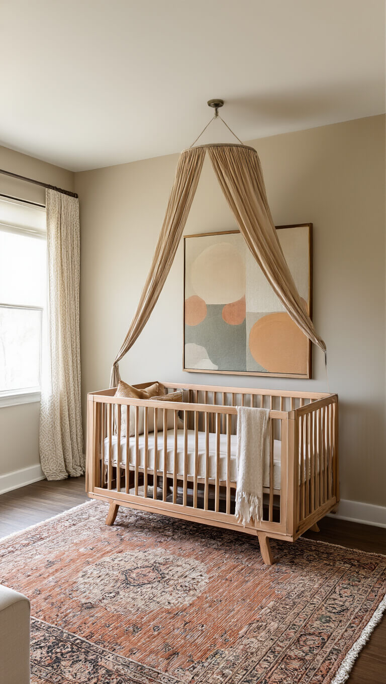 Sunset-lit nursery with canopy over wood crib, warm putty walls, abstract art, vintage Persian rug over sisal, viewed from elevated corner.