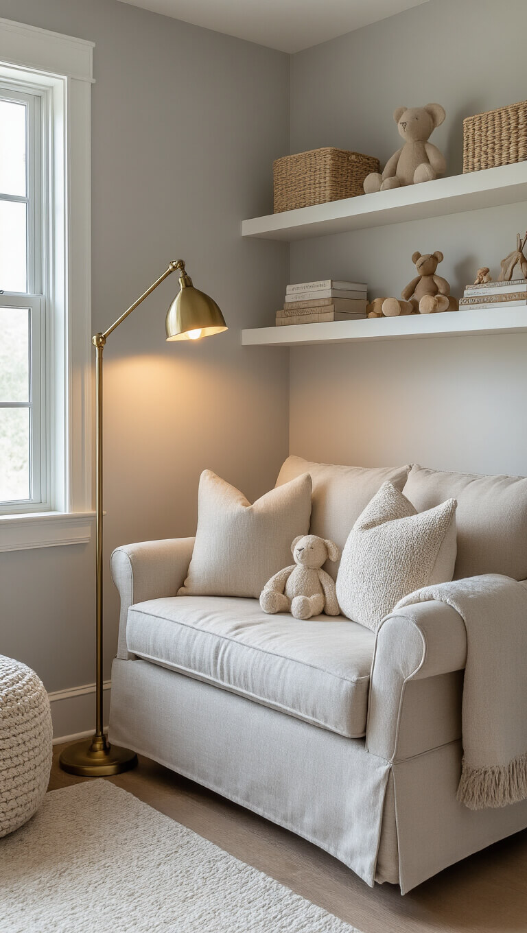 Close-up of cozy 6x8ft feeding corner with natural linen glider, antique brass floor lamp, floating shelves with neutral toys and books, in soft dove gray room with warm lighting.