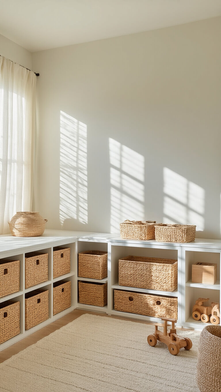 Built-in warm white nursery shelving with rattan baskets and wooden toys, against creamy white walls lit by morning light through sheer linen curtains.