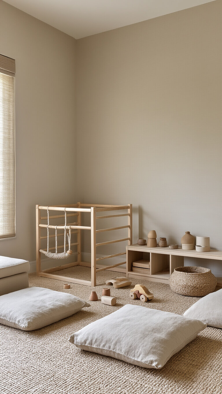 Child's-eye view of cozy play area with natural linen floor cushions, wooden Montessori play gym, minimal neutral-toned toys, and warm greige walls with a grasscloth accent.