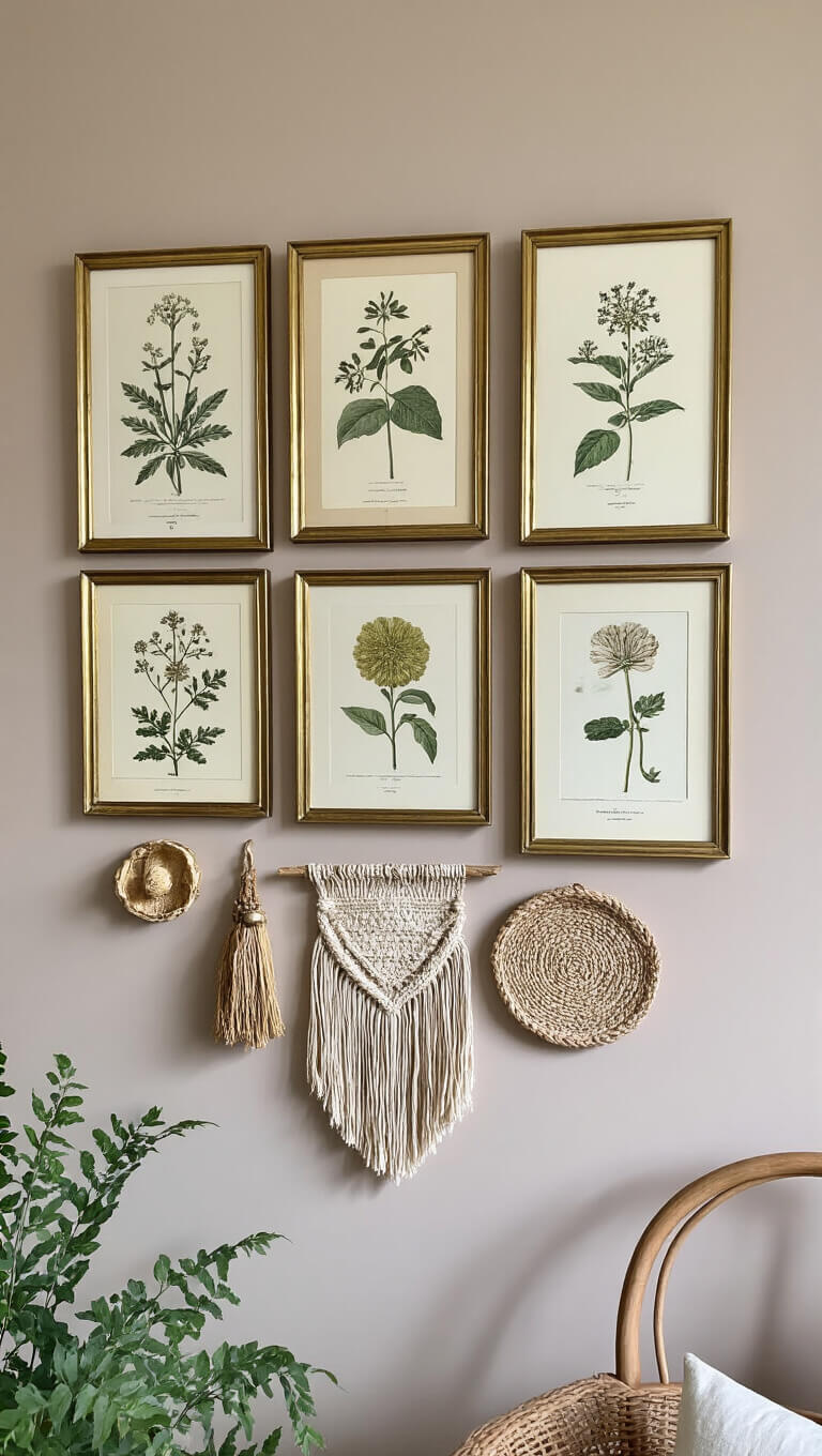 Gallery wall with vintage botanical prints in brass frames on pale taupe wall, accented by natural history specimens and woven wall hangings.