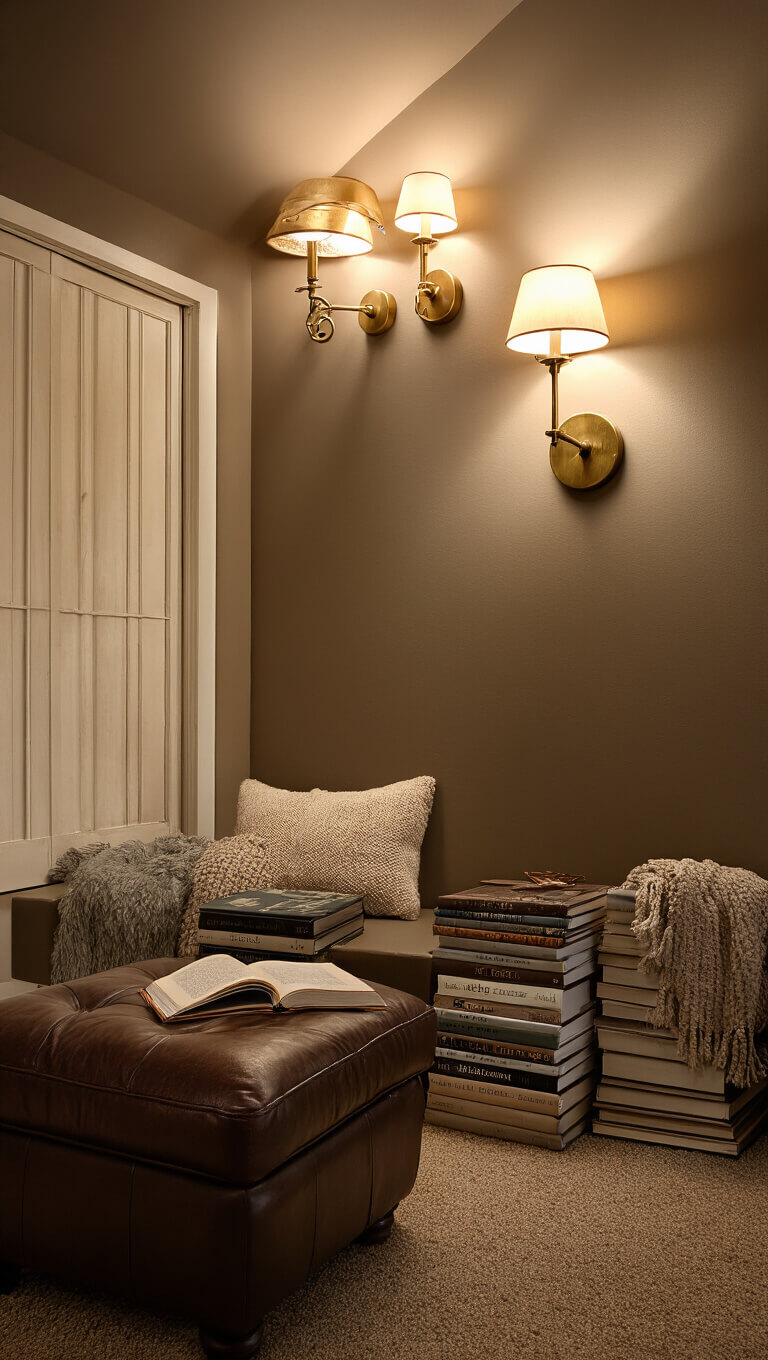 Cozy evening nursery with dim brass sconces, vintage leather ottoman, stacked books, and warm mushroom-colored walls.