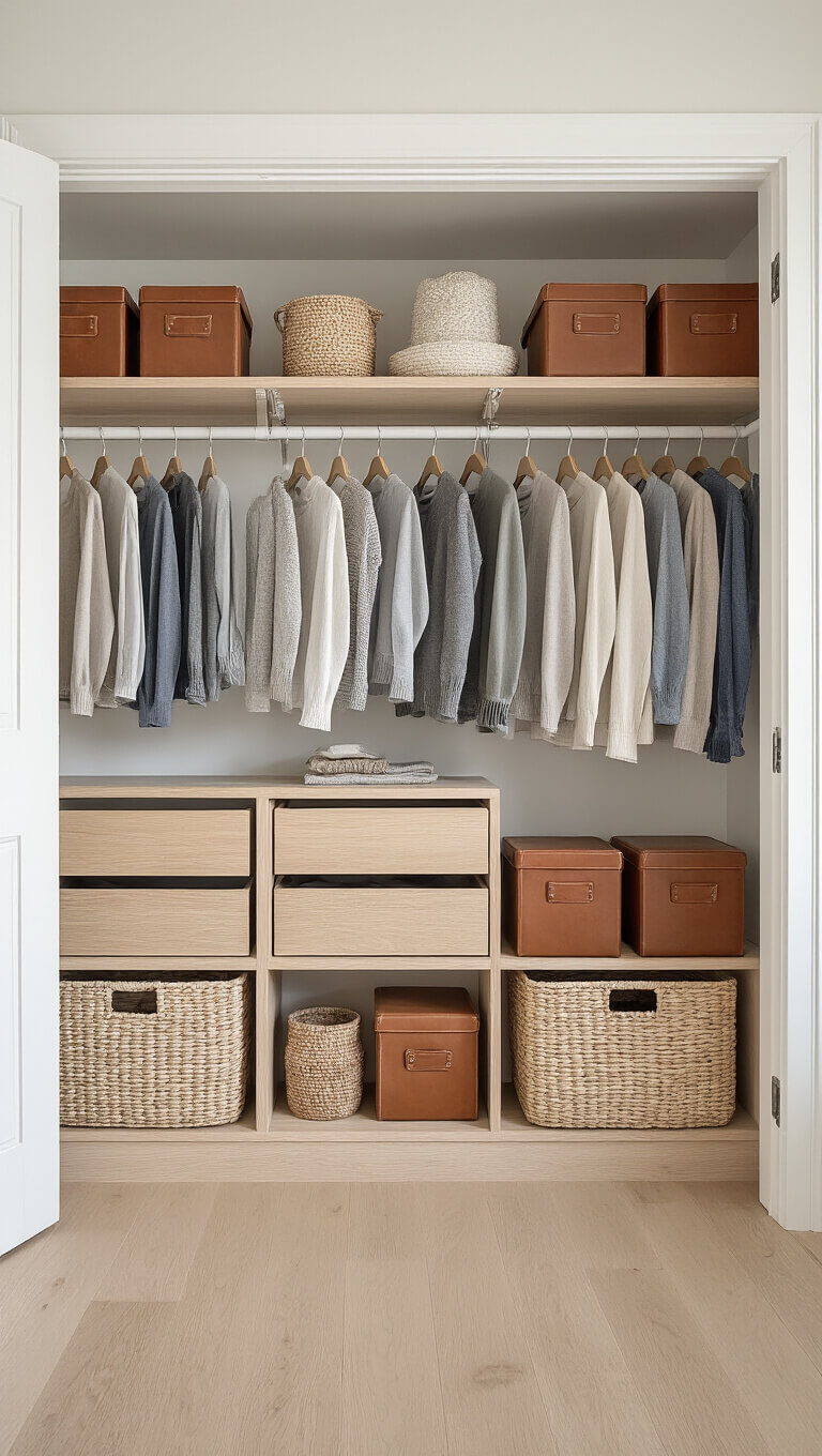 Open closet in bleached oak with color-coordinated neutral-toned baby clothes, woven baskets, and leather storage boxes, lit by soft morning light.