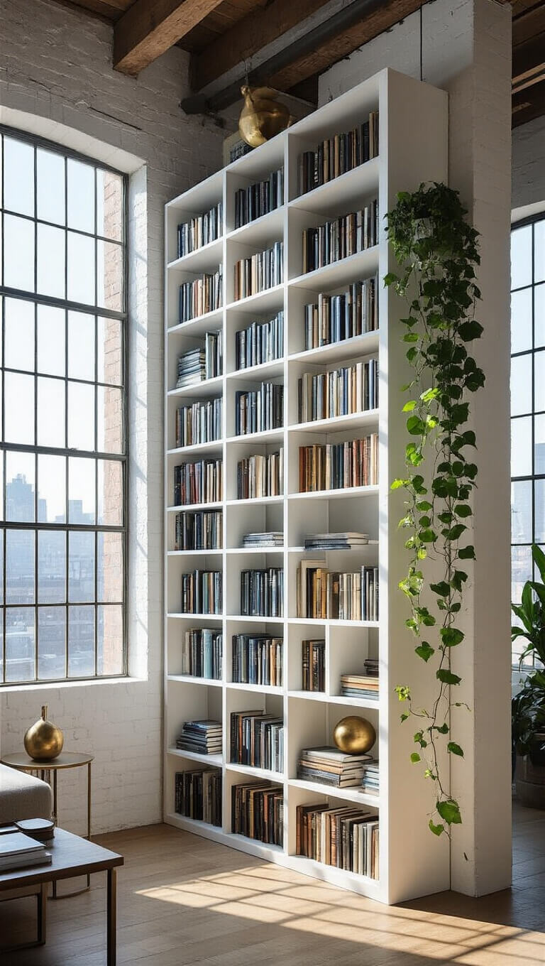 Tall white metal bookshelf in a modern loft, filled with color-organized books from deep blue to white, accented by brass decor and trailing plants, with sunlight streaming through large industrial windows.