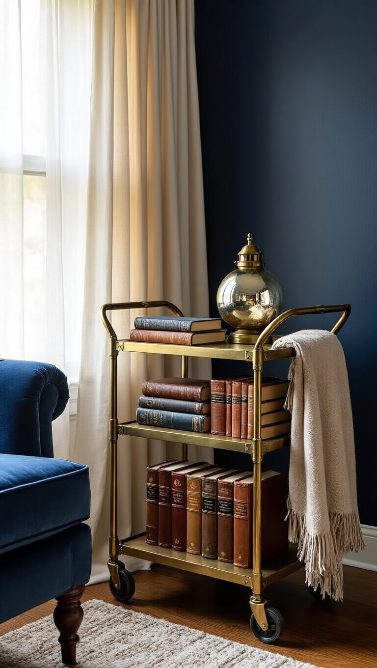 Cozy reading nook with vintage brass cart library, mercury glass lamp, and velvet chair against navy wall in golden hour light.