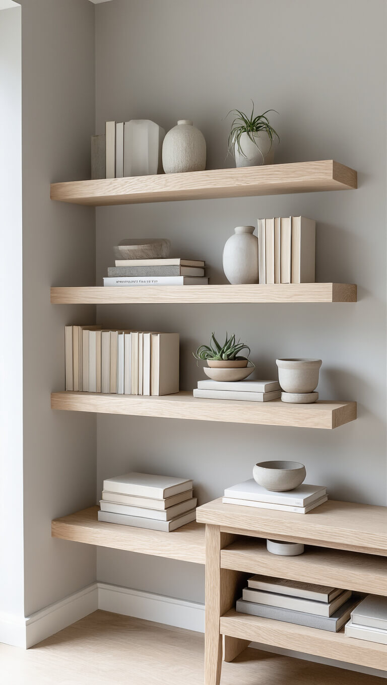 Scandinavian living room with white oak floating shelves arranged geometrically on pale gray wall, styled with books, ceramics, and air plants in bright midday light.