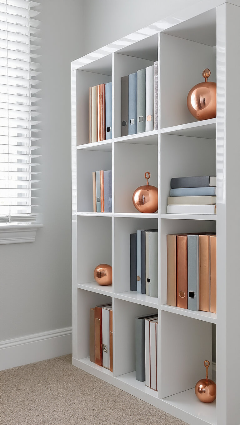 Minimalist white cube organizer in home office, arranged with color-coded books and metallic accents, lit by soft natural light through blinds.