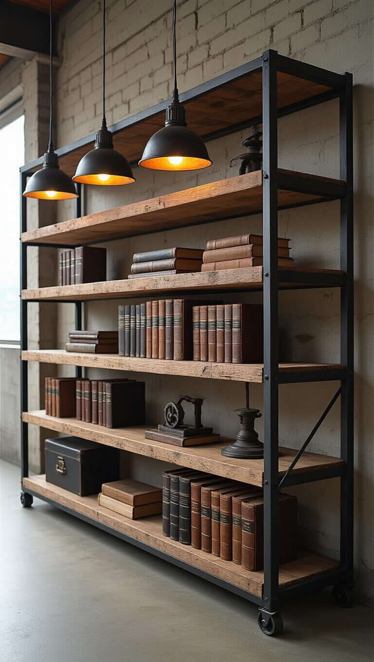 Industrial rolling bookshelf in blackened steel and reclaimed wood, styled with vintage books and artifacts under workshop pendant lights.