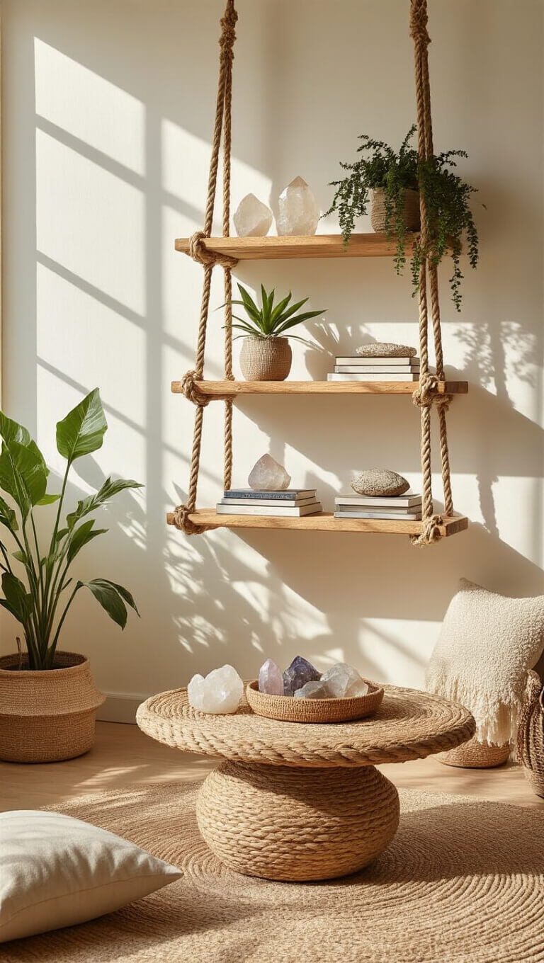 Bohemian rope shelves with wood platforms holding crystals, plants, and books in a sunlit bedroom with earth tones.