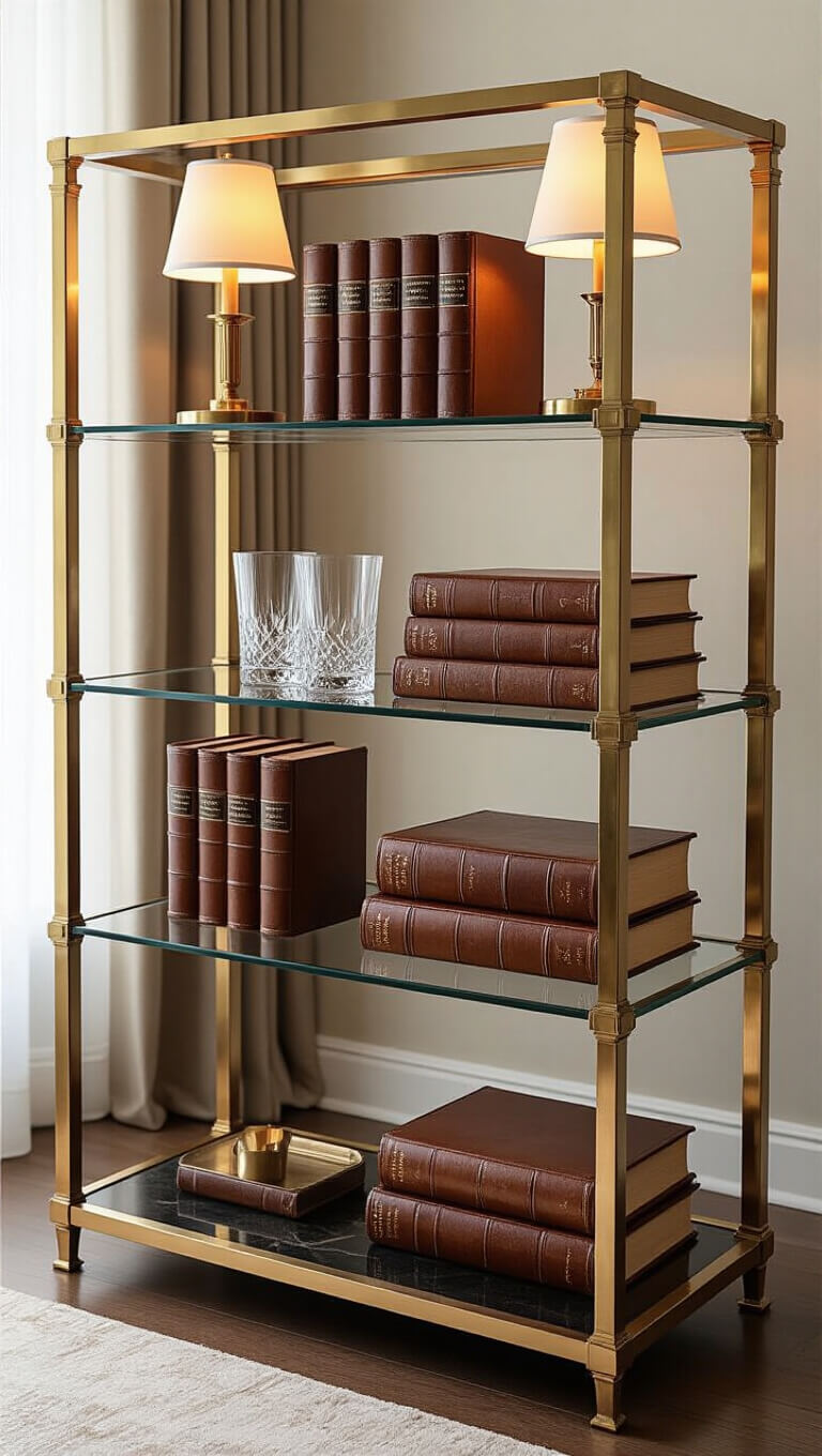 Art deco glass and brass étagère with warm lamp lighting, displaying leather-bound books and vintage barware, shot from a low angle with luxe marble accents.