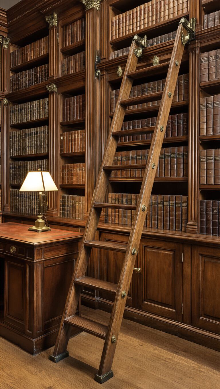 Historic wooden library with ladder on rails, leather-bound books, brass lamp, and rich textures.