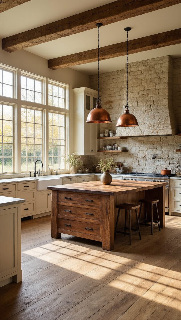 Rustic kitchen with reclaimed oak floors, live-edge walnut island, cream cabinets, stone accent wall, and golden hour sunlight streaming through west-facing windows.
