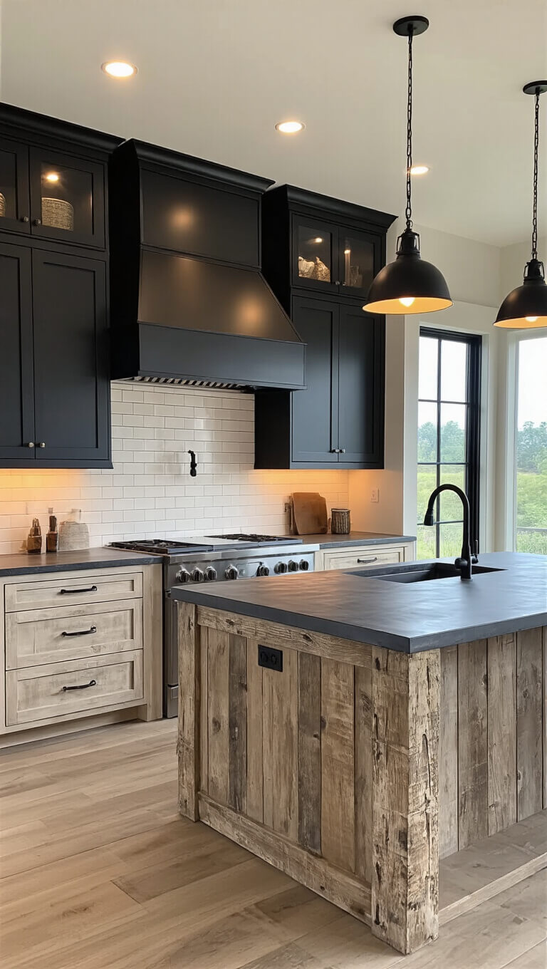 Modern rustic kitchen with zinc-topped island, matte black and bleached oak cabinets, and subway tile backsplash in afternoon light.