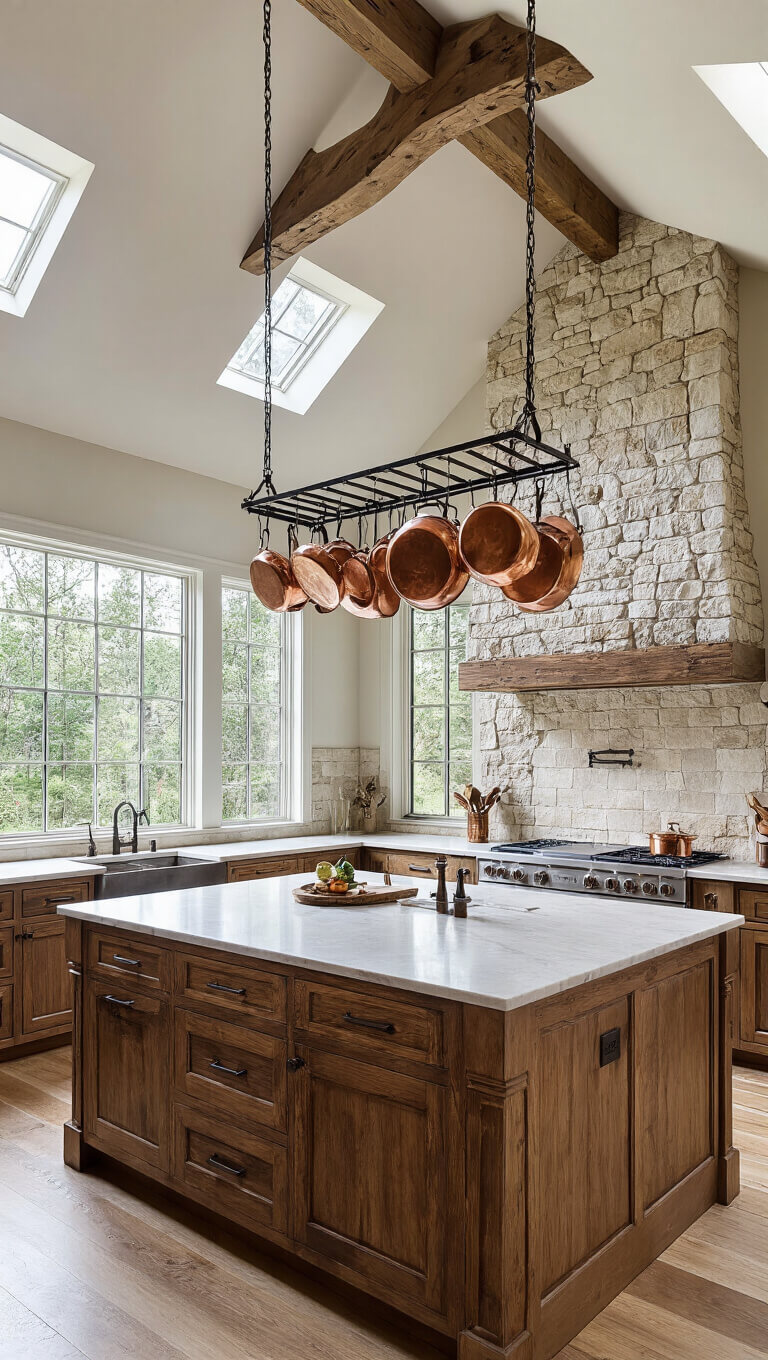 Wide-angle view of cathedral-ceiling kitchen with clerestory windows, stone accent wall, wooden island with prep sink, exposed beams, and quartz countertops.