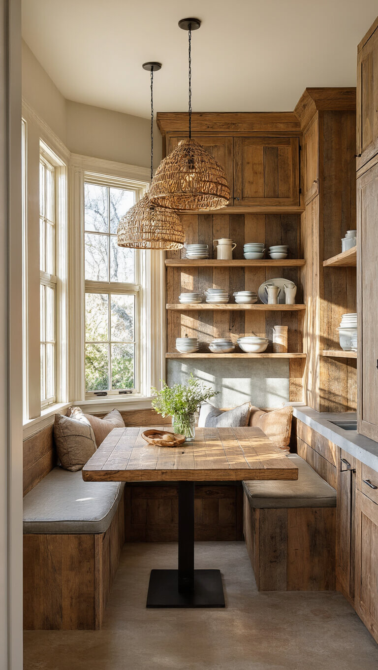 L-shaped corner kitchen with reclaimed barnwood cabinets, concrete counters, and open shelving displaying vintage enamelware; bay window breakfast nook lit by warm late afternoon sun, woven pendant lights casting geometric shadows, viewed from doorway.
