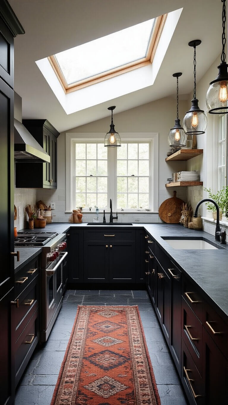 Transformed 18x10ft galley kitchen with dark shaker cabinets, soapstone counters, skylight, slate floor, vintage runner, and iron-glass pendants.