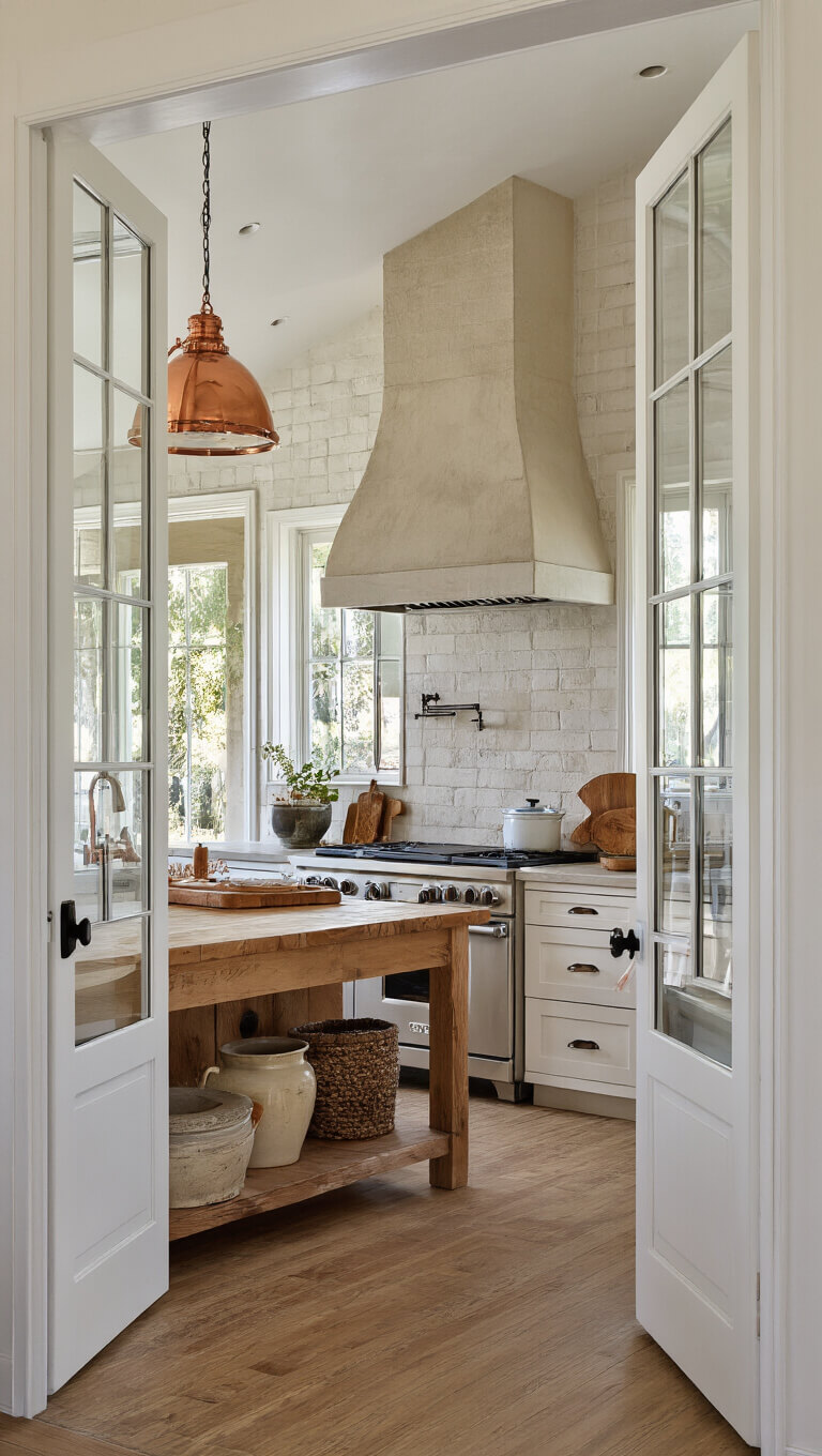 Ranch-style kitchen with weathered white cabinets, commercial range under stone hood, butcher block island, and French doors backlit by golden hour light.