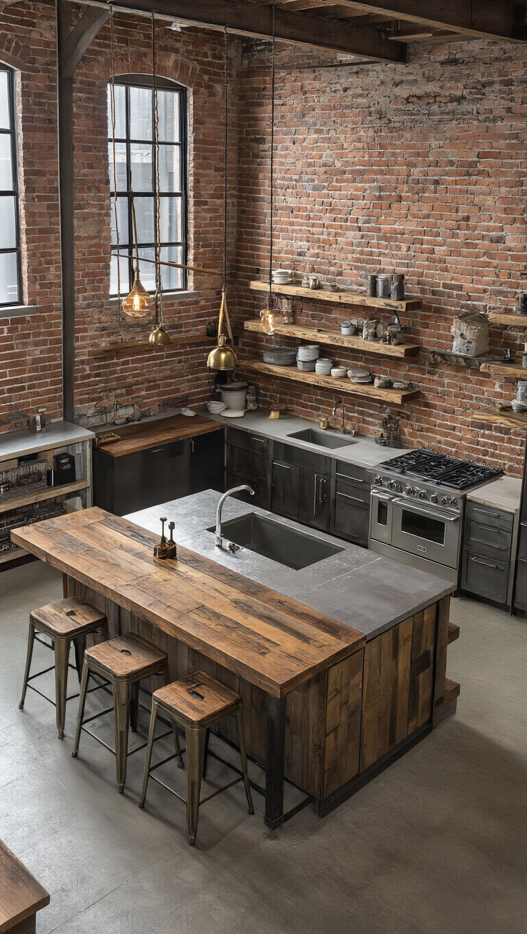 Loft-style kitchen with exposed brick, industrial windows, steel and wood island, and vintage brass pendant lights, viewed from above.