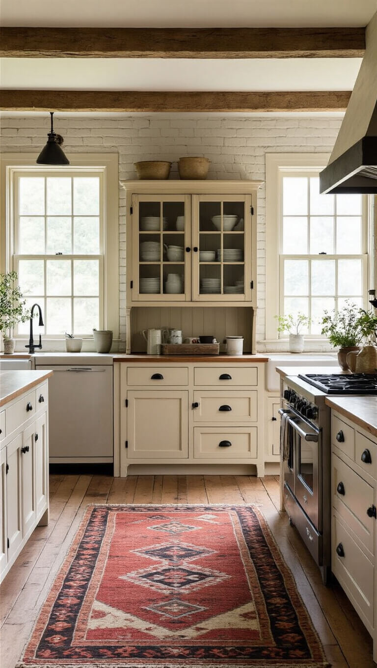 Farmhouse kitchen with cream cabinets, exposed beams, vintage rug, and morning light through east-facing windows.