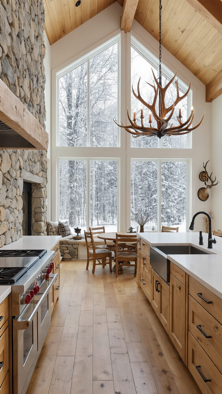 Cozy mountain retreat kitchen with knotty pine cabinets, river rock backsplash, and a large stone fireplace; snowy afternoon light streams through picture windows, illuminating white surfaces and an antler chandelier over the dining table.