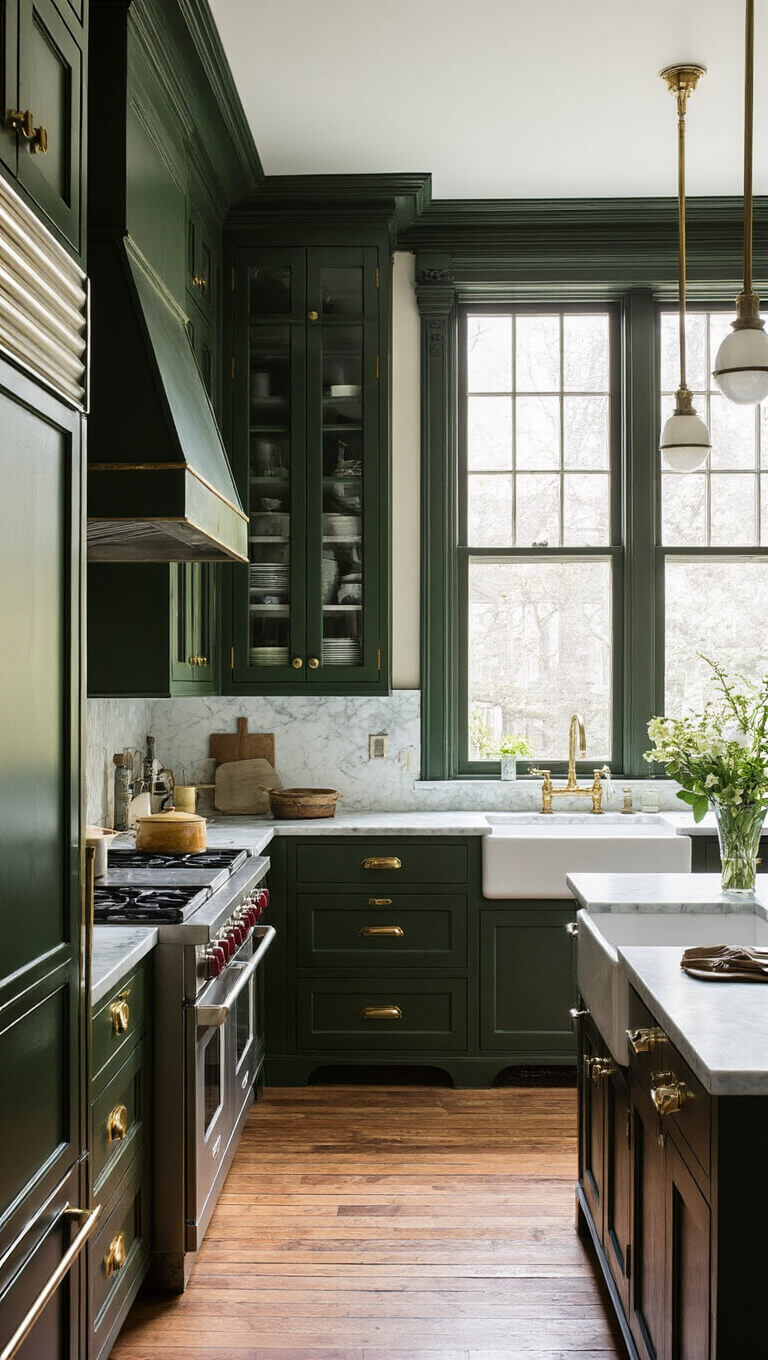 Restored Victorian brownstone kitchen with deep green cabinets, marble counters, brass fixtures, and filtered light through period windows.