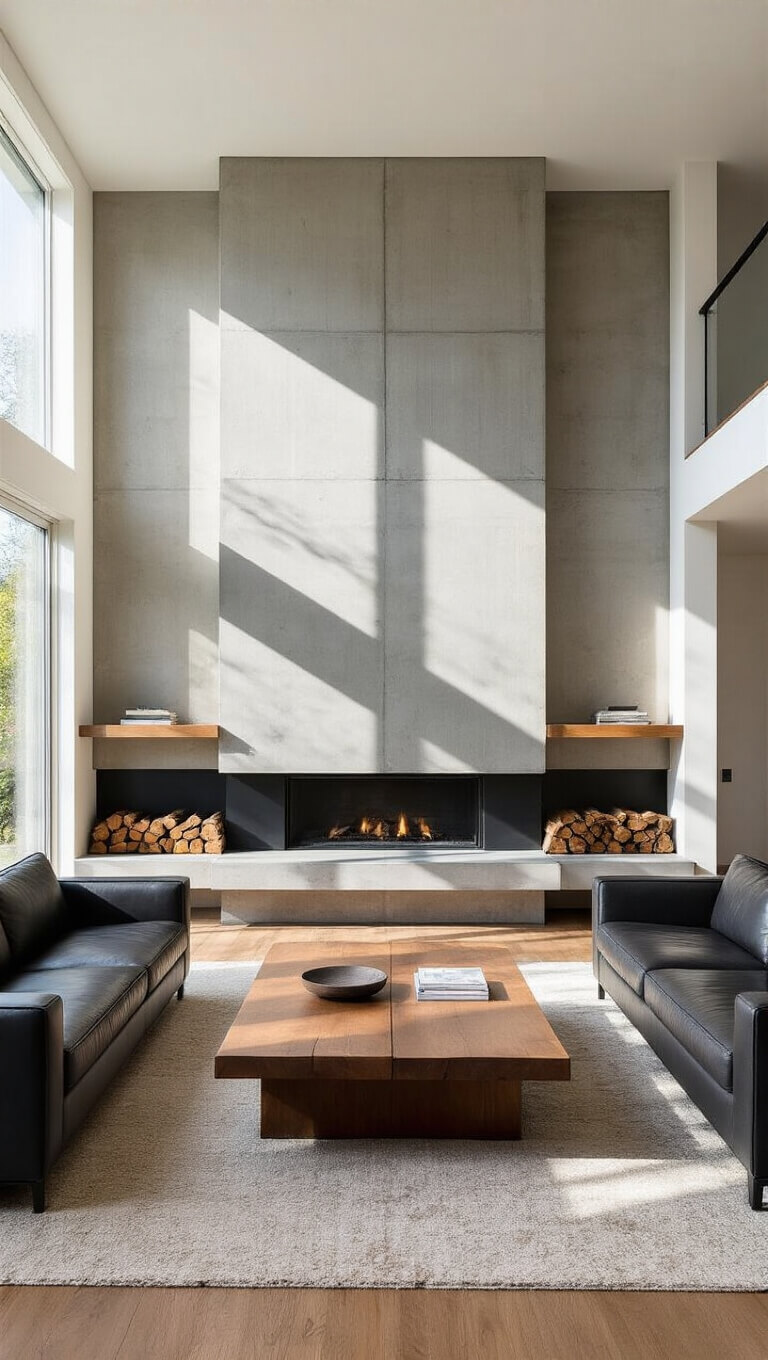 Modern living room with concrete fireplace, charcoal leather sofas, and morning light through floor-to-ceiling windows.