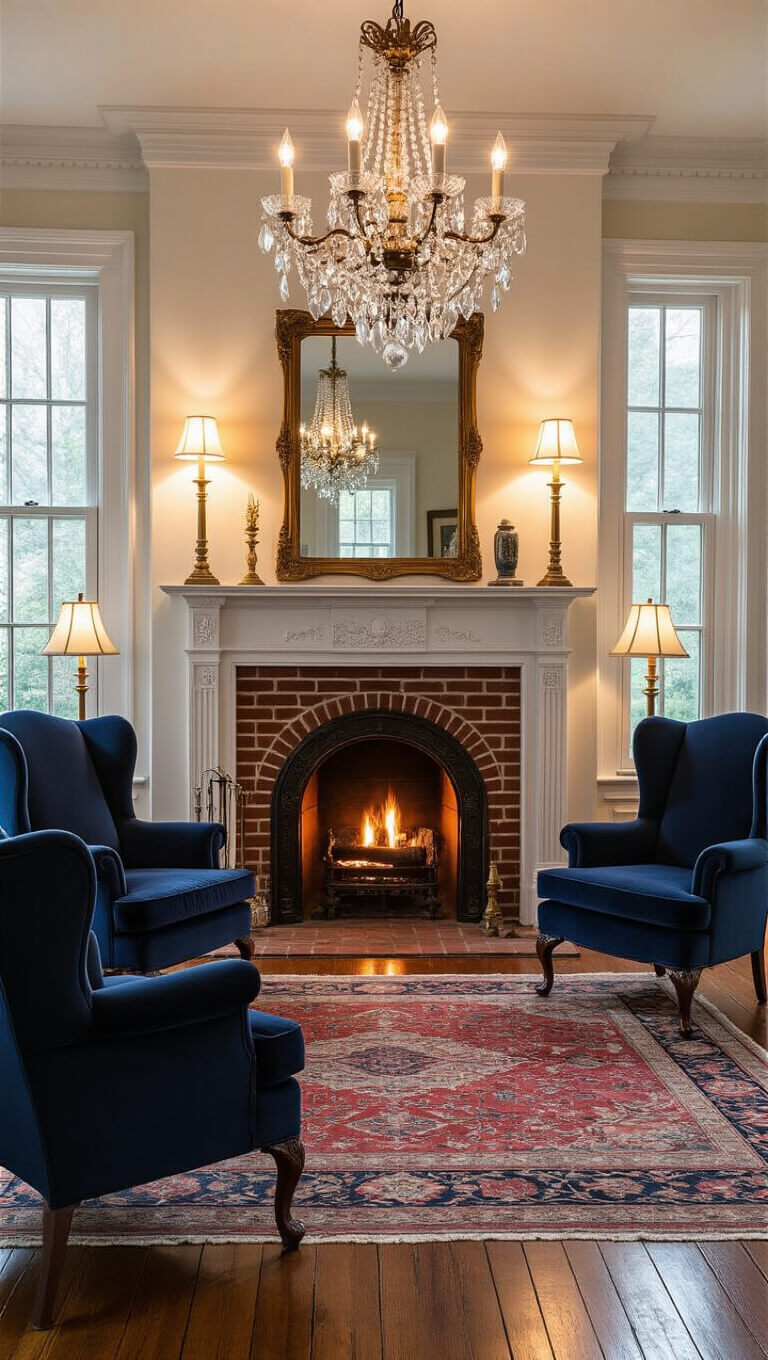 Traditional 15x18ft living room at golden hour with brick fireplace, ornate white mantel, navy velvet wing chairs, crystal chandelier, mahogany floors, and antique mirror reflecting warm light.