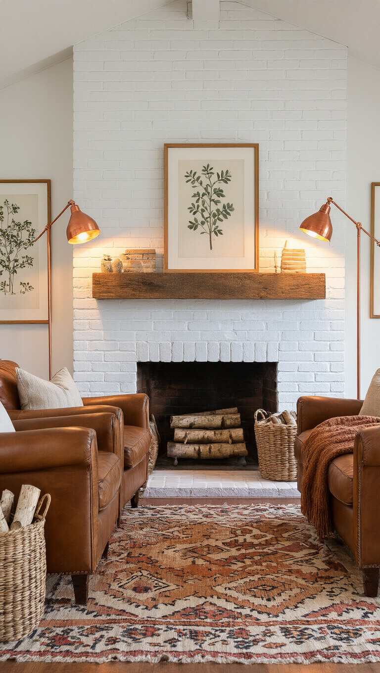 Cozy 16x16ft den at dusk with whitewashed brick fireplace, reclaimed wood mantel, warm copper lamp lighting, cognac leather chairs, vintage rug, and birch log baskets.