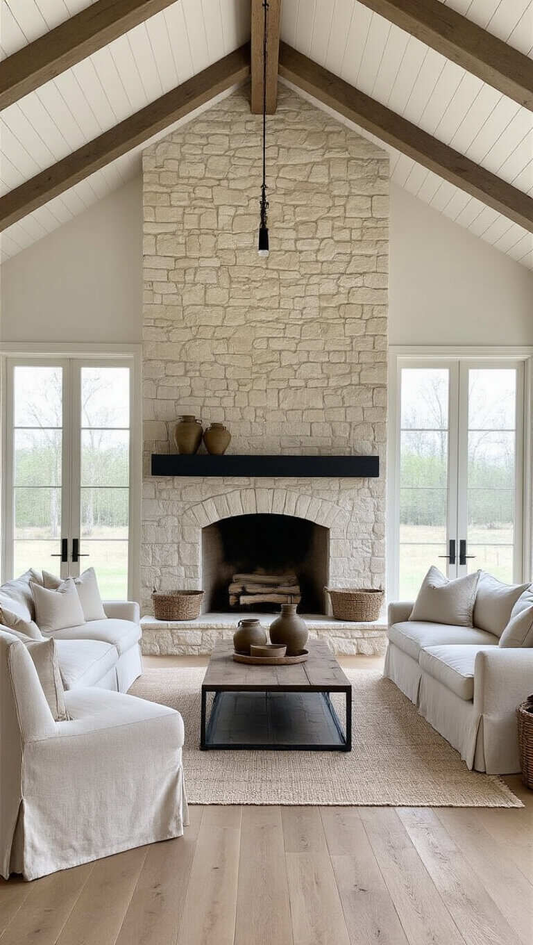 Modern farmhouse living room with vaulted ceiling, limestone fireplace, black steel mantel, natural light, slipcovered linen sofas, industrial coffee table, vintage olive jars, and wide plank white oak floors.